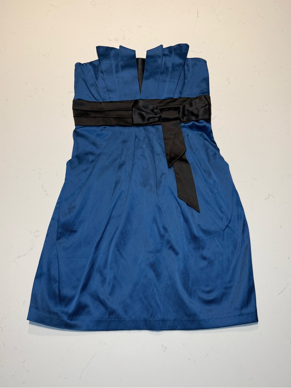 Y2K Blue Satin Fit-and-Flare Dress with Black Sash